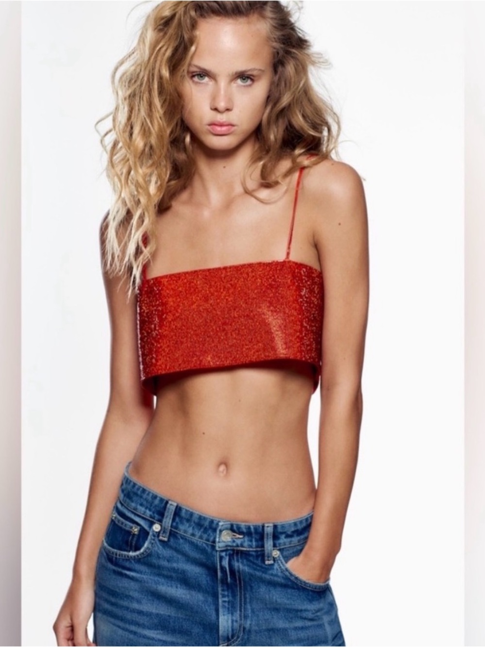 Zara Glittery Orange-Red Sequin Crop Cami